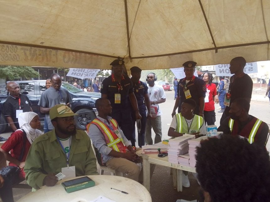 NSCDC Commandant Olusola Odumosu inspecting polling units across the Federal Capital Territory during FCT Area Council elections.