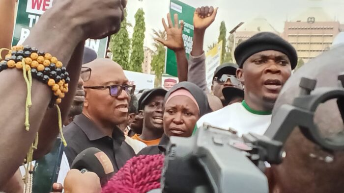 Peter Obi leads the “Occupy NASS” protest against the Senate’s rejection of electronic transmission of election results, warning it poses a threat to Nigeria’s democracy.